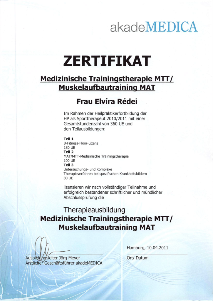 Zertifikat Medizinische Trainingstherapie 1